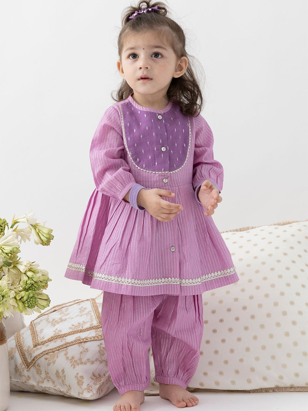 Tiber Taber Girls Striped Round Neck Pleated A-Line Kurta With Salwar