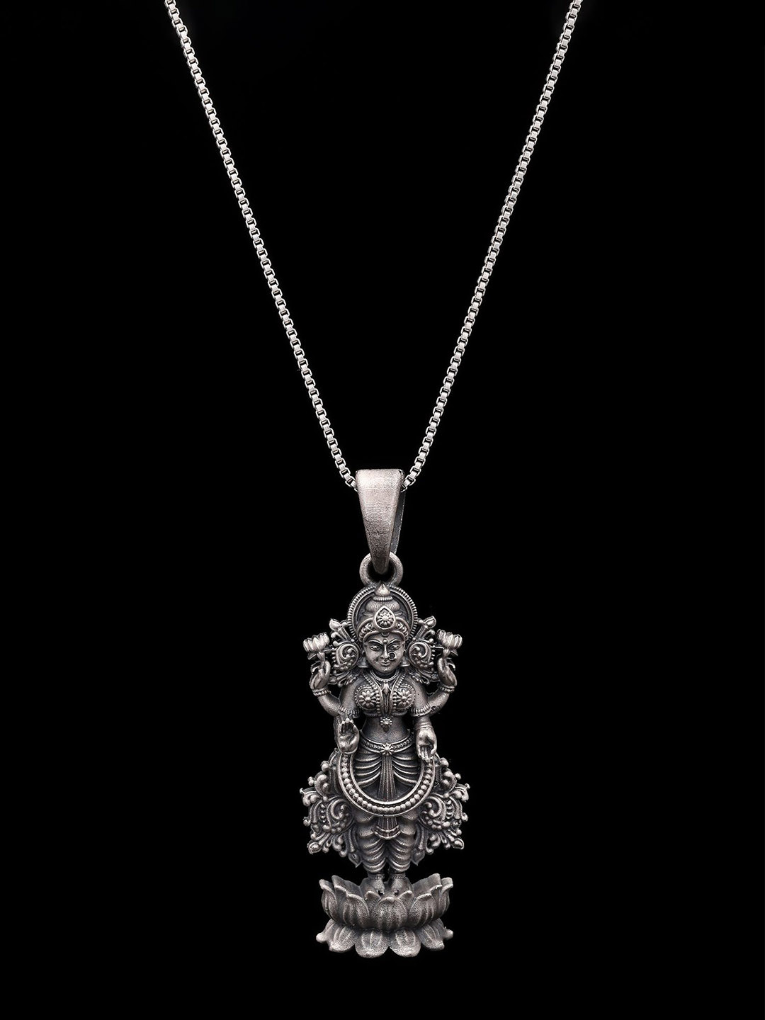 Exotic India Unisex Sterling Silver Antique Finish Standing Lakshmi Goddess Pendant