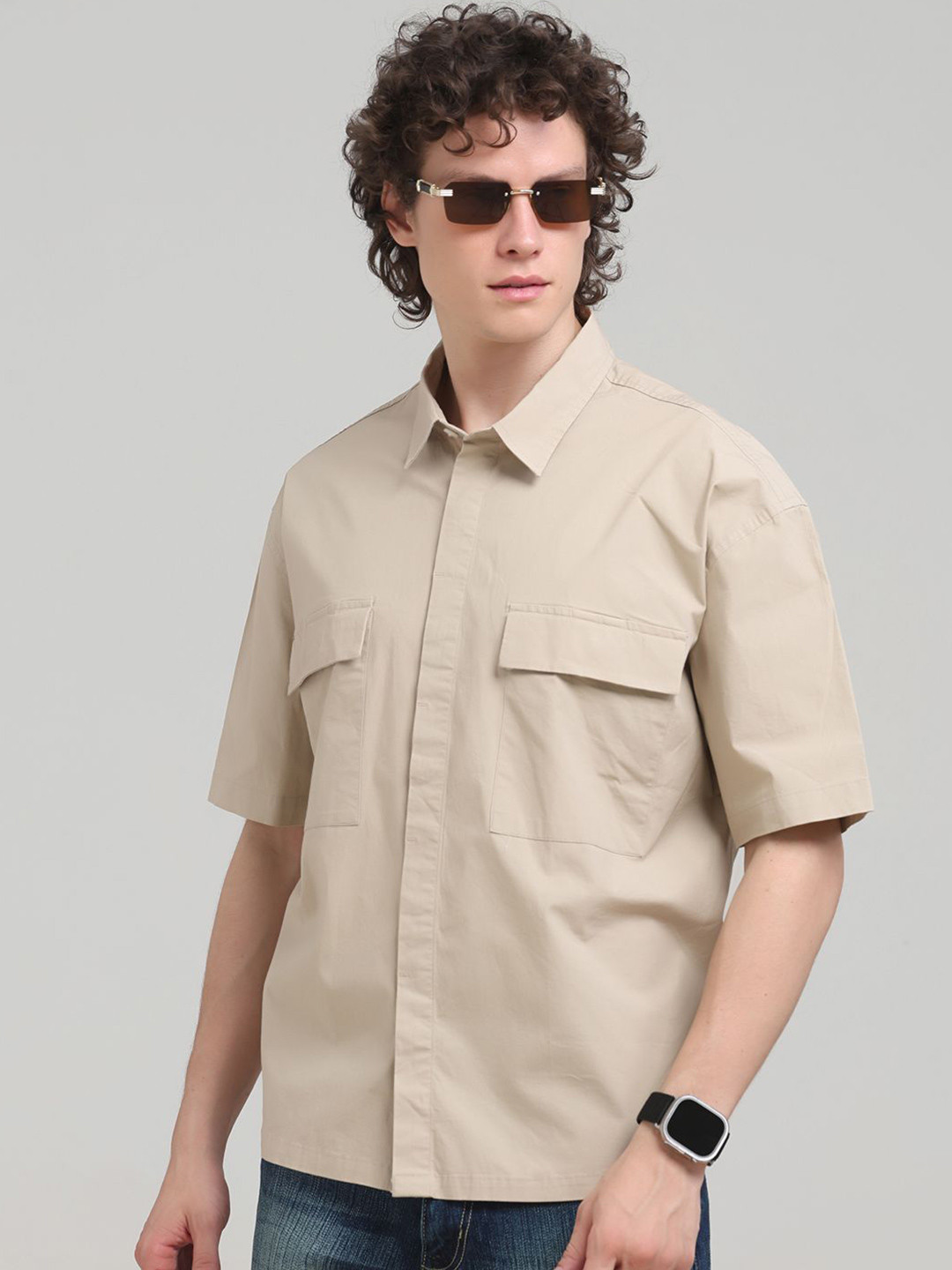 Espanshe Oversized Double Pocket Drop-Shoulder Sleeves Pure Cotton Shirt