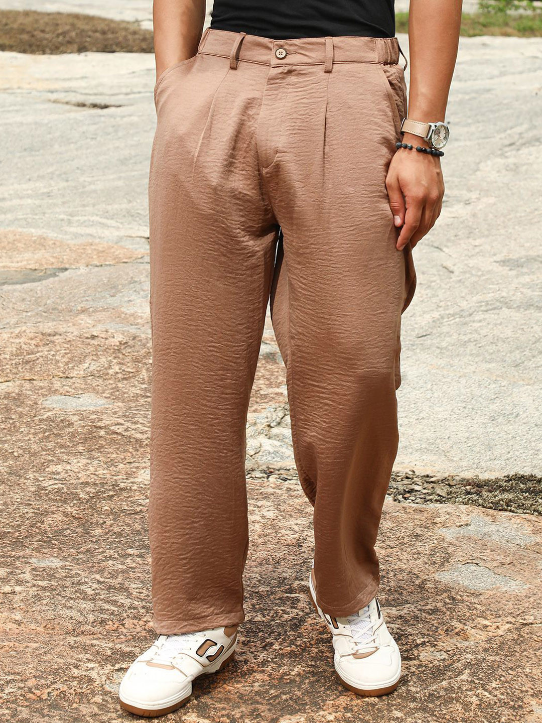 Campus Sutra Men Relaxed Textured Creased-Pleated Straight Fit Trousers