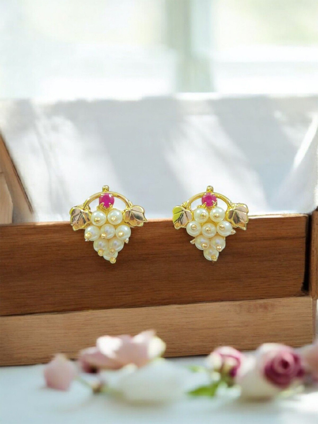 Raikar Jewellers Gold-Plated Artificial Stones Studded And Beaded Leaf Shaped Studs