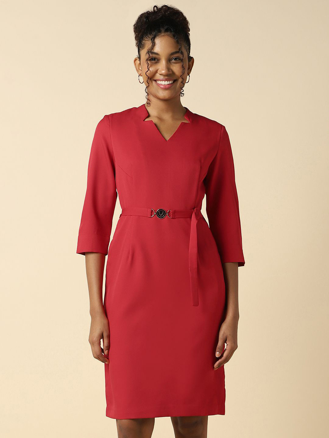 Allen Solly Woman V-Neck A-Line Formal Dress with Belt