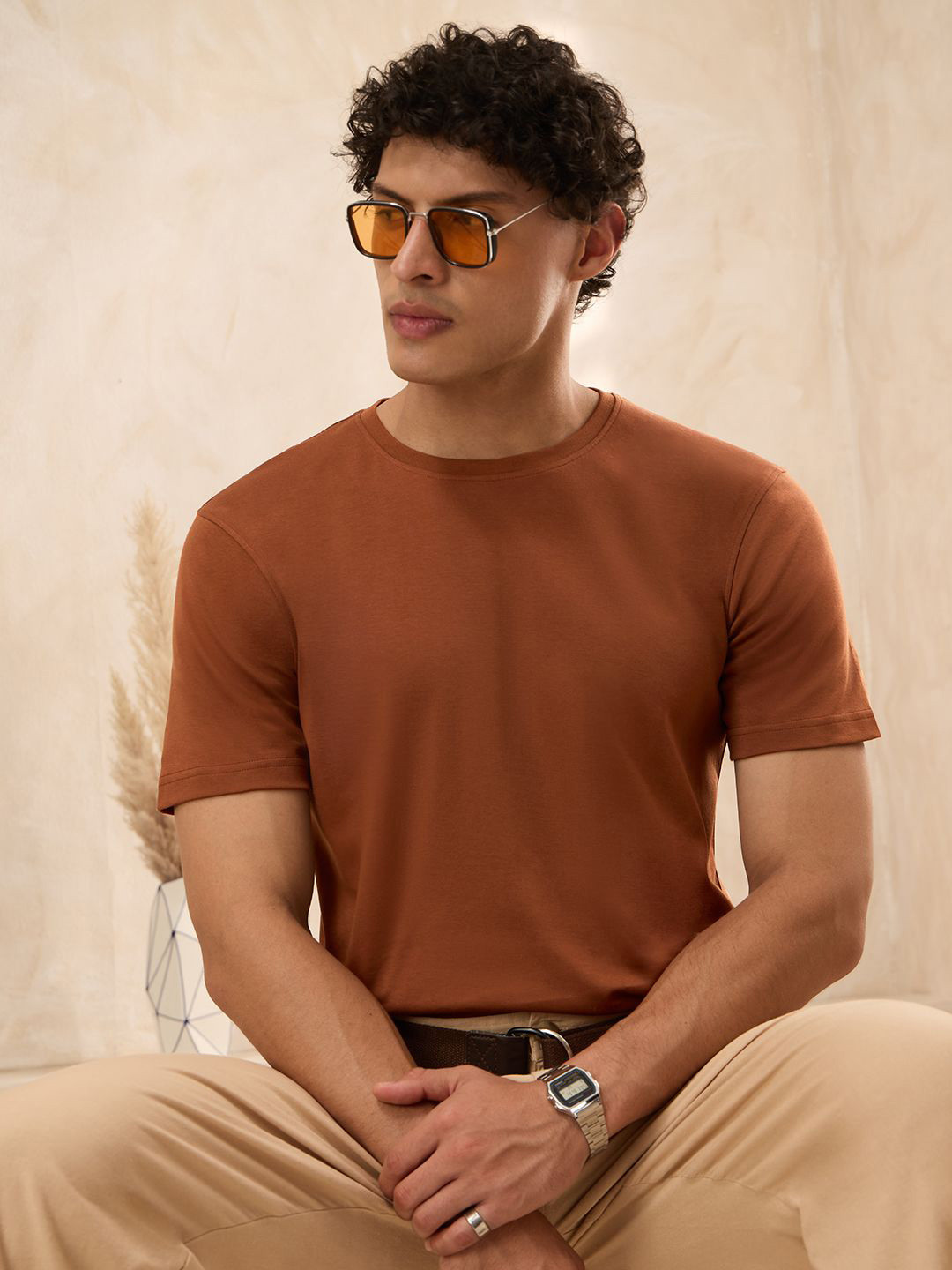 The Souled Store Earthen Clay Round Neck Pure Supima Cotton T-Shirt