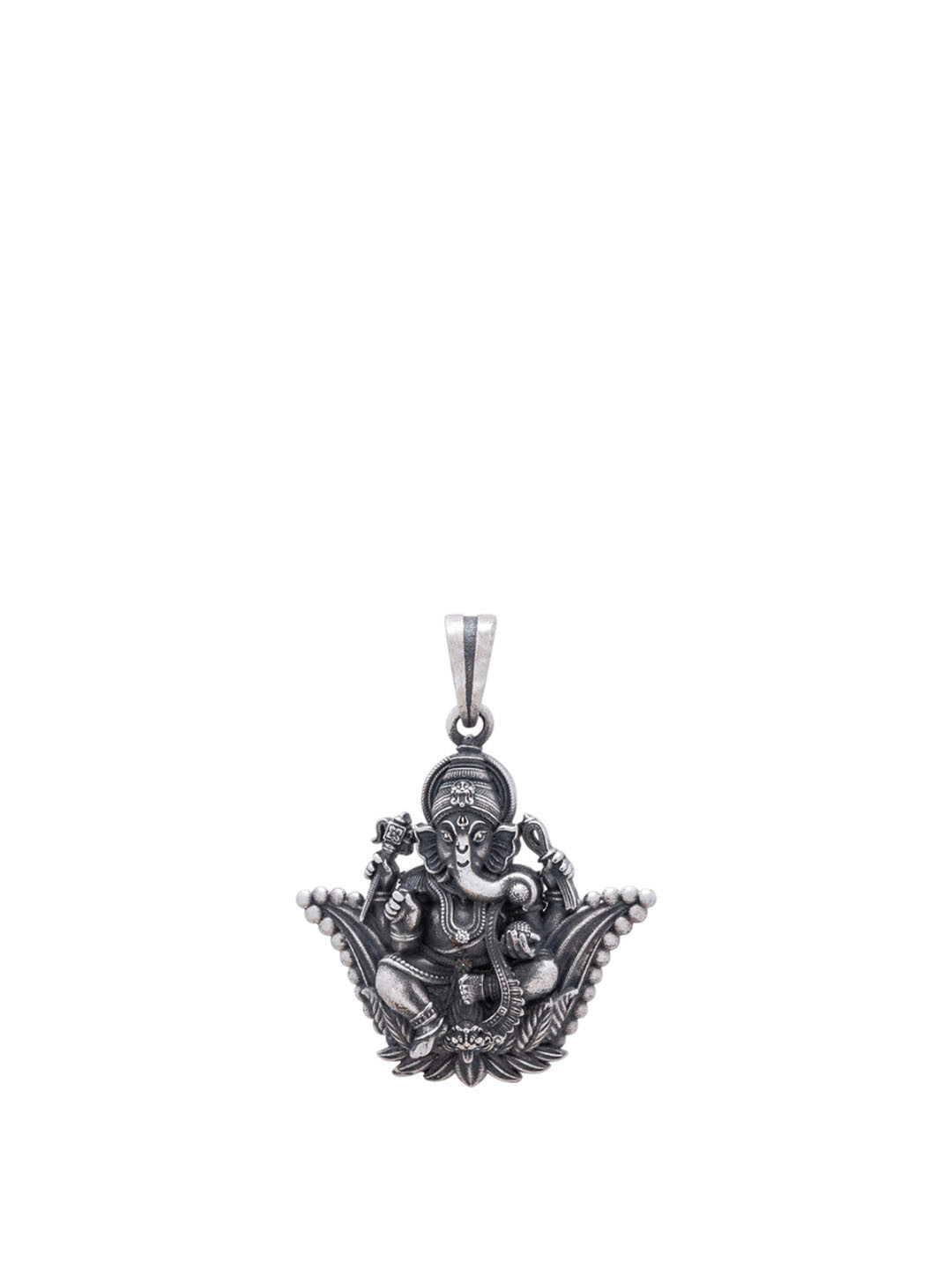 Exotic India Unisex Sterling Silver Lotus Ganesha Antique Finish Pendant