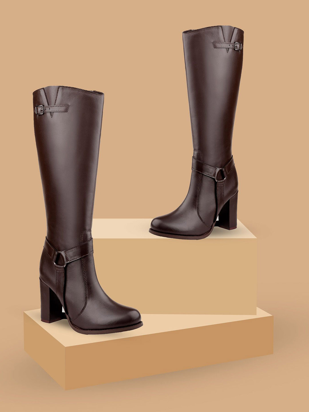 Bxxy Women PU High-Top Pointed Toe Knee Length Handmade Sole Block Heels Cowboy Boots