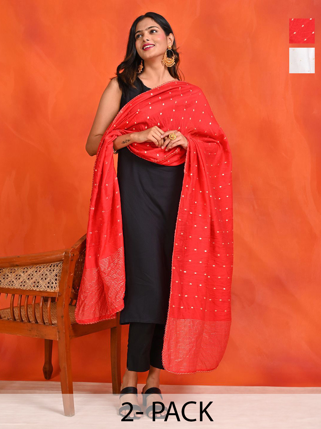 HELLA FASHIONS Selection Of 2 Geometric Woven Design Chanderi Dupattas