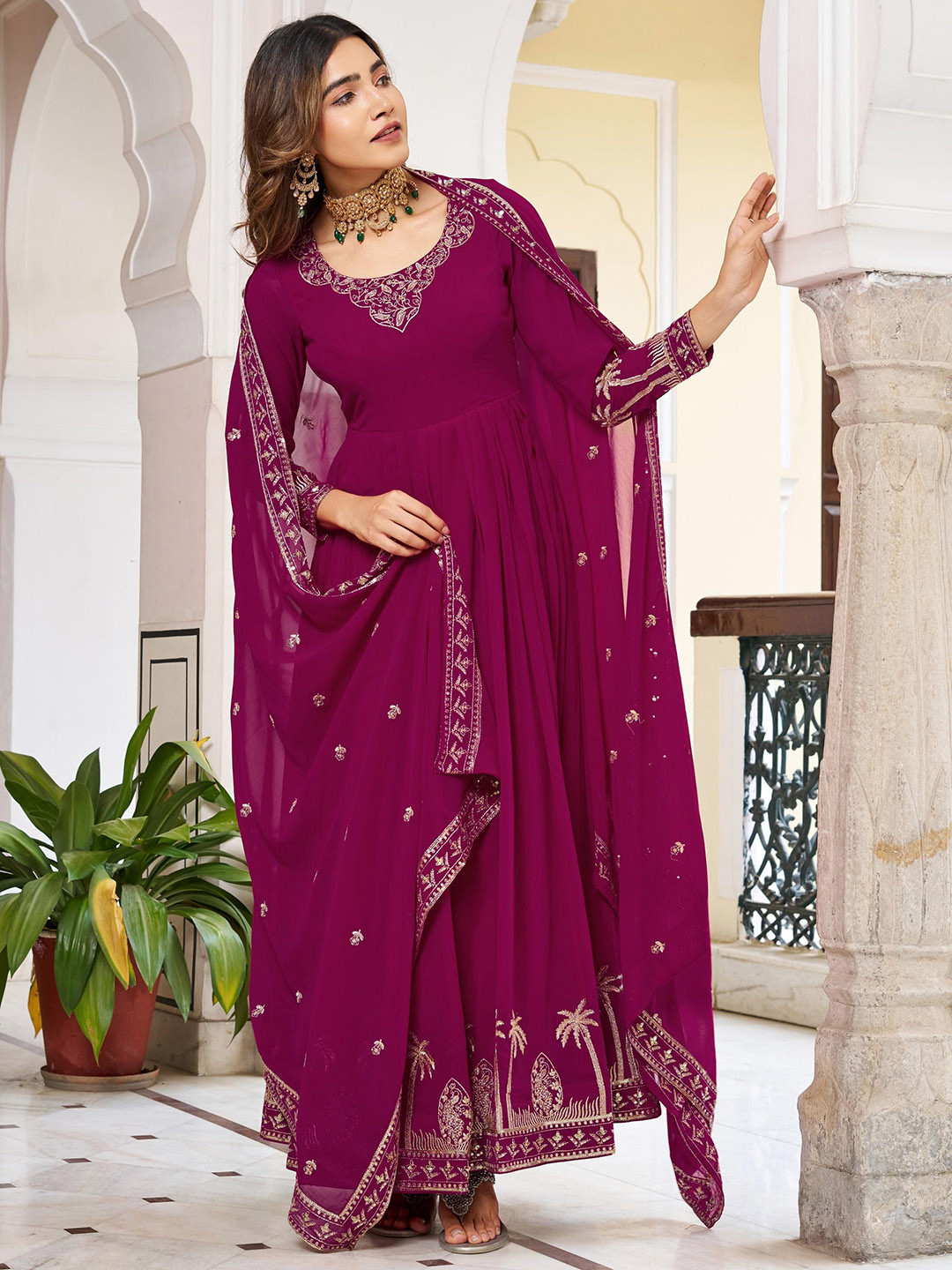 CANBIA Floral Embroidered Thread Work Georgette Anarkali Kurta With Trousers & Dupatta