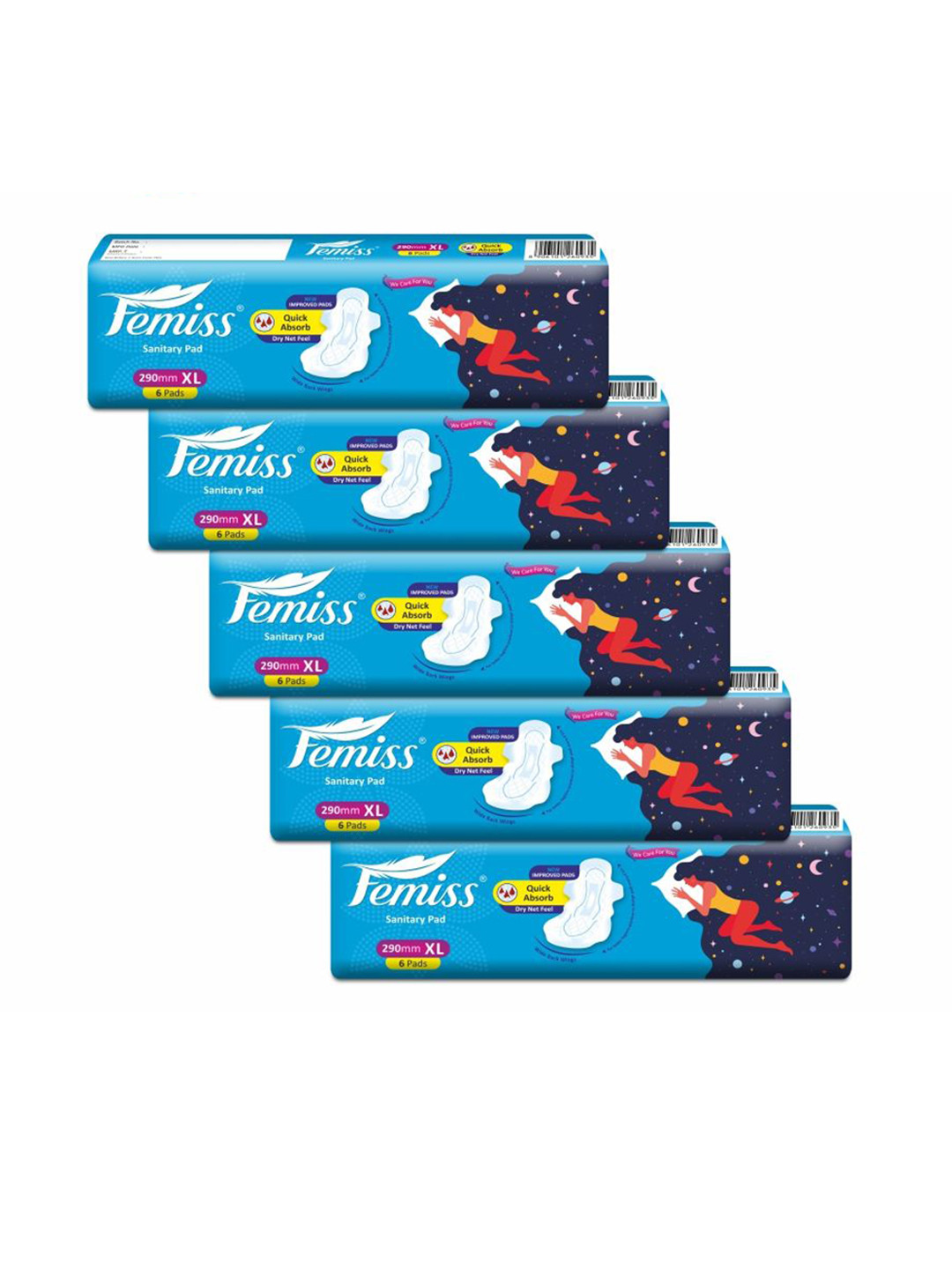 Femiss Set Of 5 Soft Cover Sanitary Napkins - XL - 6 Pads Each