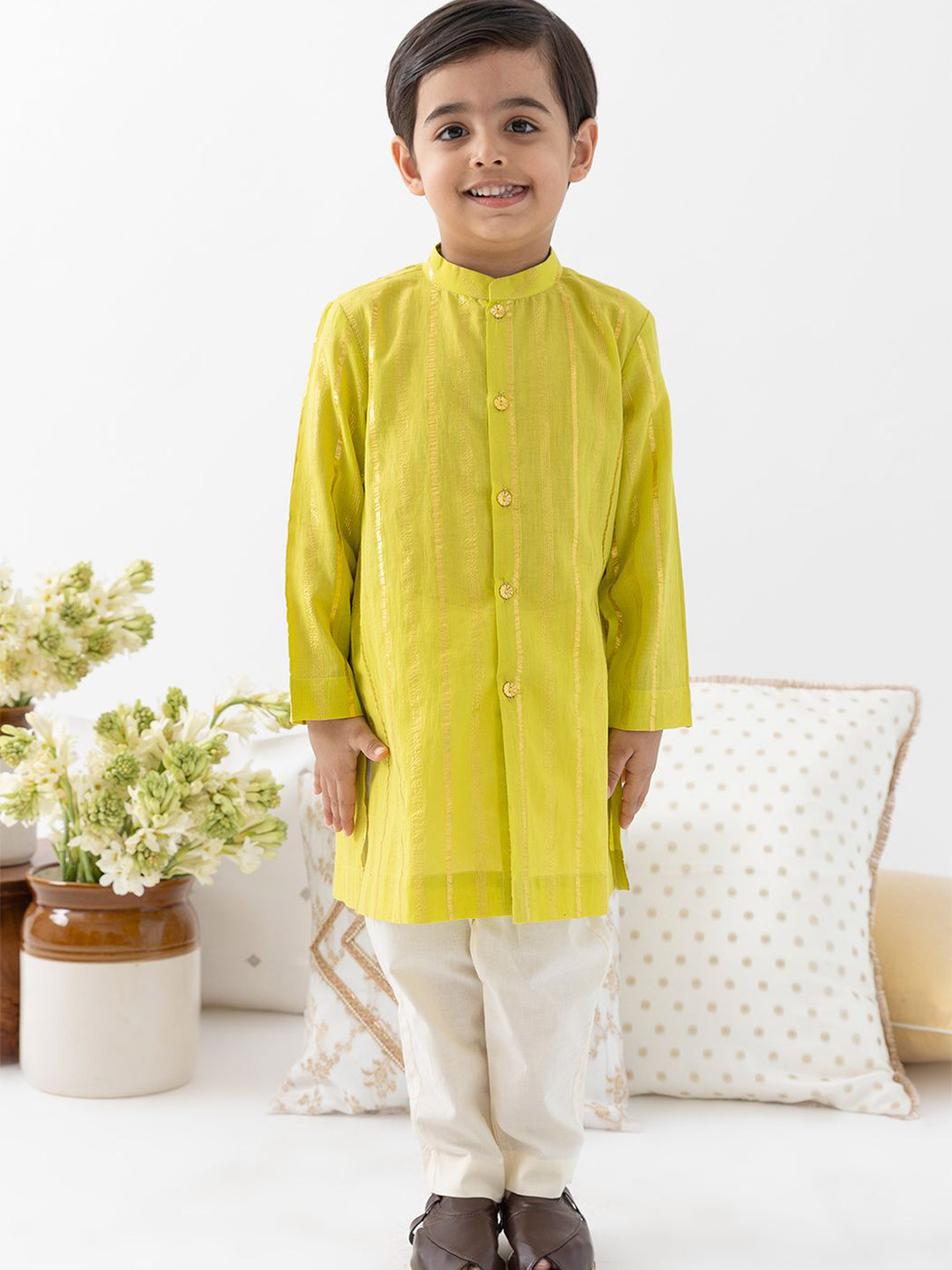 Tiber Taber Boys Green Stripes Lurex Kurta Pyjama Set