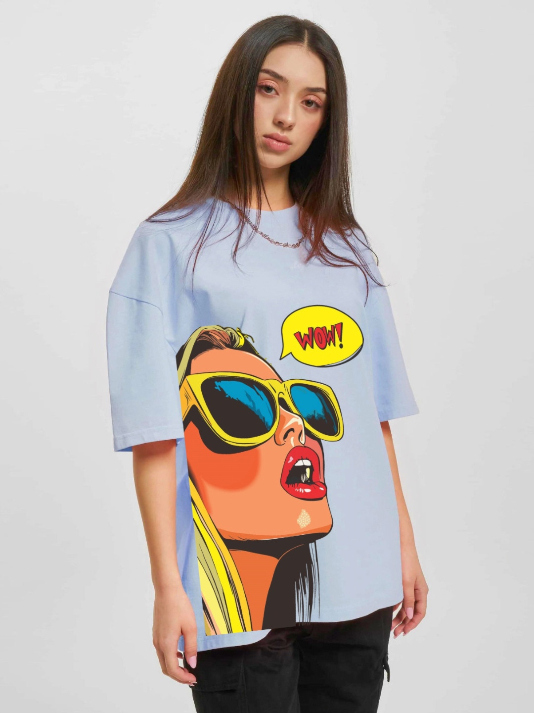 RAYACLOSET Graphic Printed Round Neck Drop Shoulder Cotton Oversized T-shirt