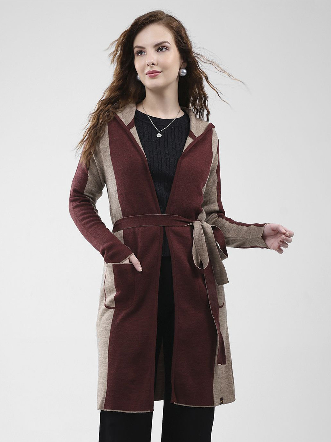 Monte Carlo Women Colourblocked Hooded Longline Cardigan with Belted Detail