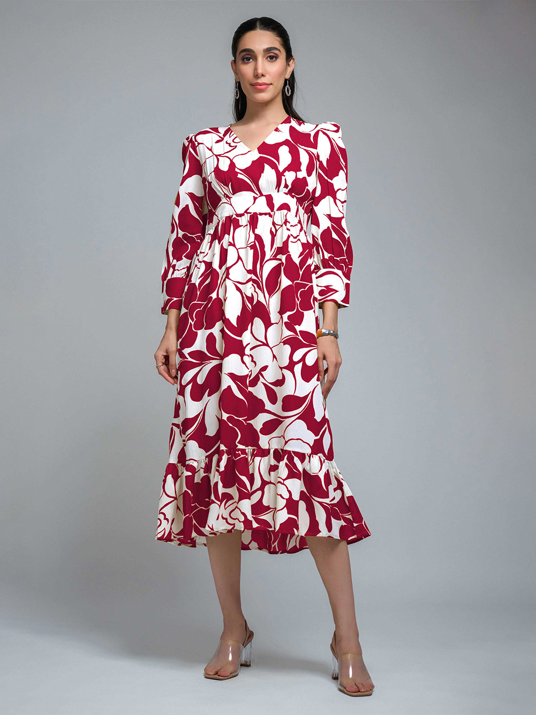 R.Code by The Roadster Life Co. Floral Printed Puff Sleeves Layered Fit & Flare Midi Dress