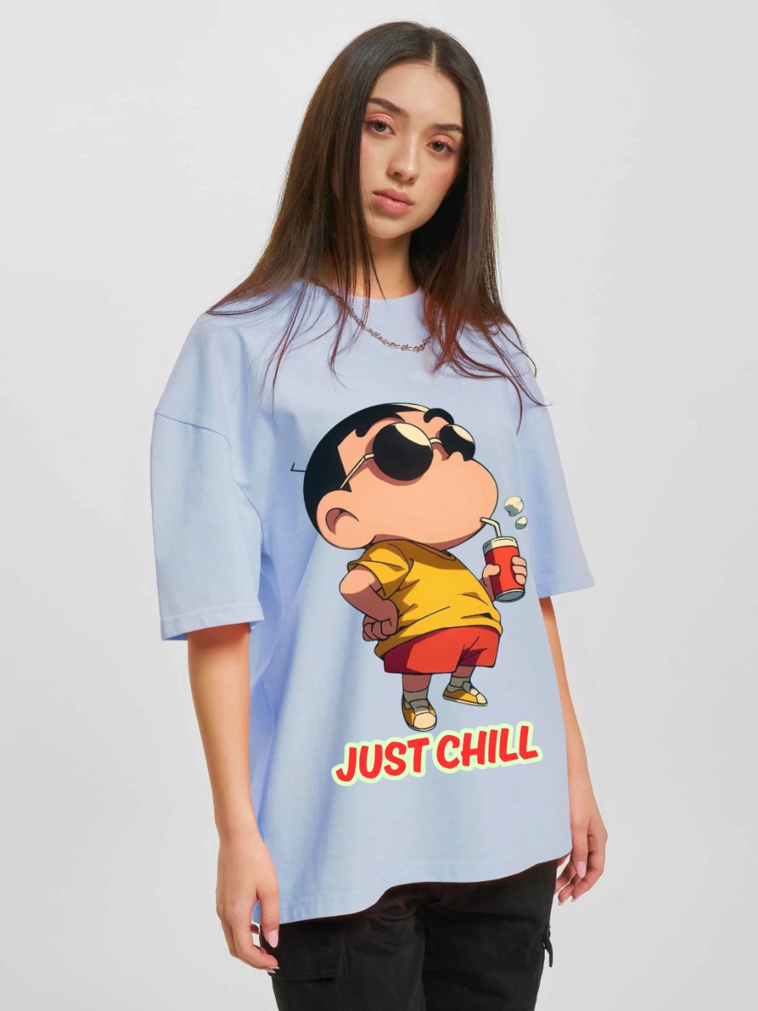 RAYACLOSET Graphic Printed Round Neck Drop Shoulder Cotton Oversized T-shirt