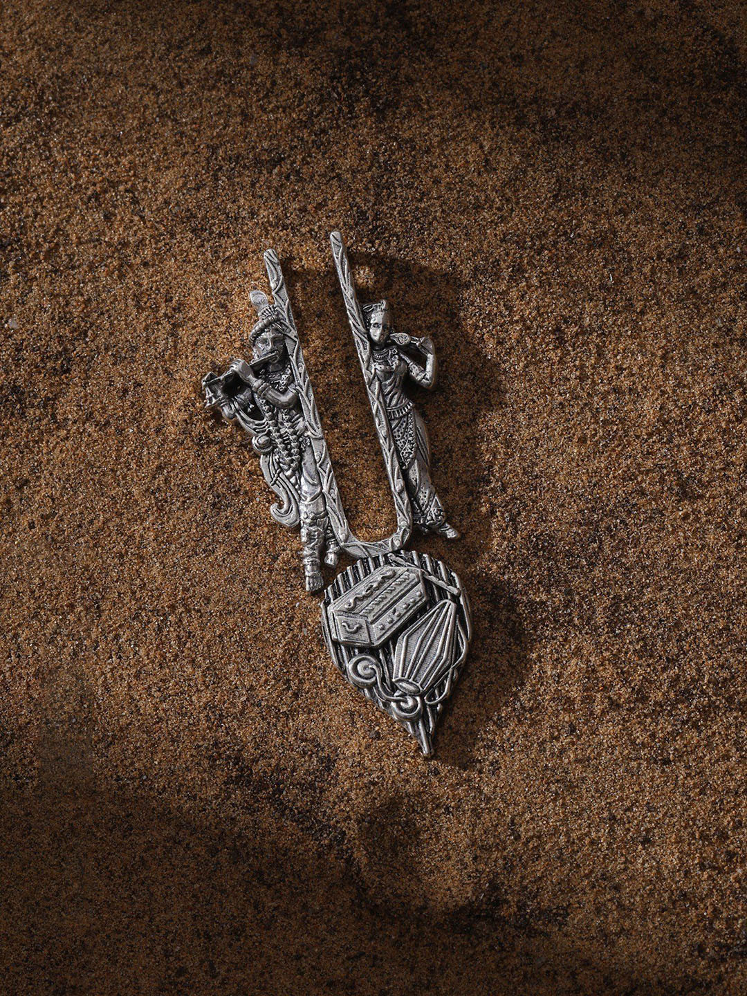 Exotic India Unisex Sterling Silver Musical Vaishnav Tilak Pendant With Radha Krishna