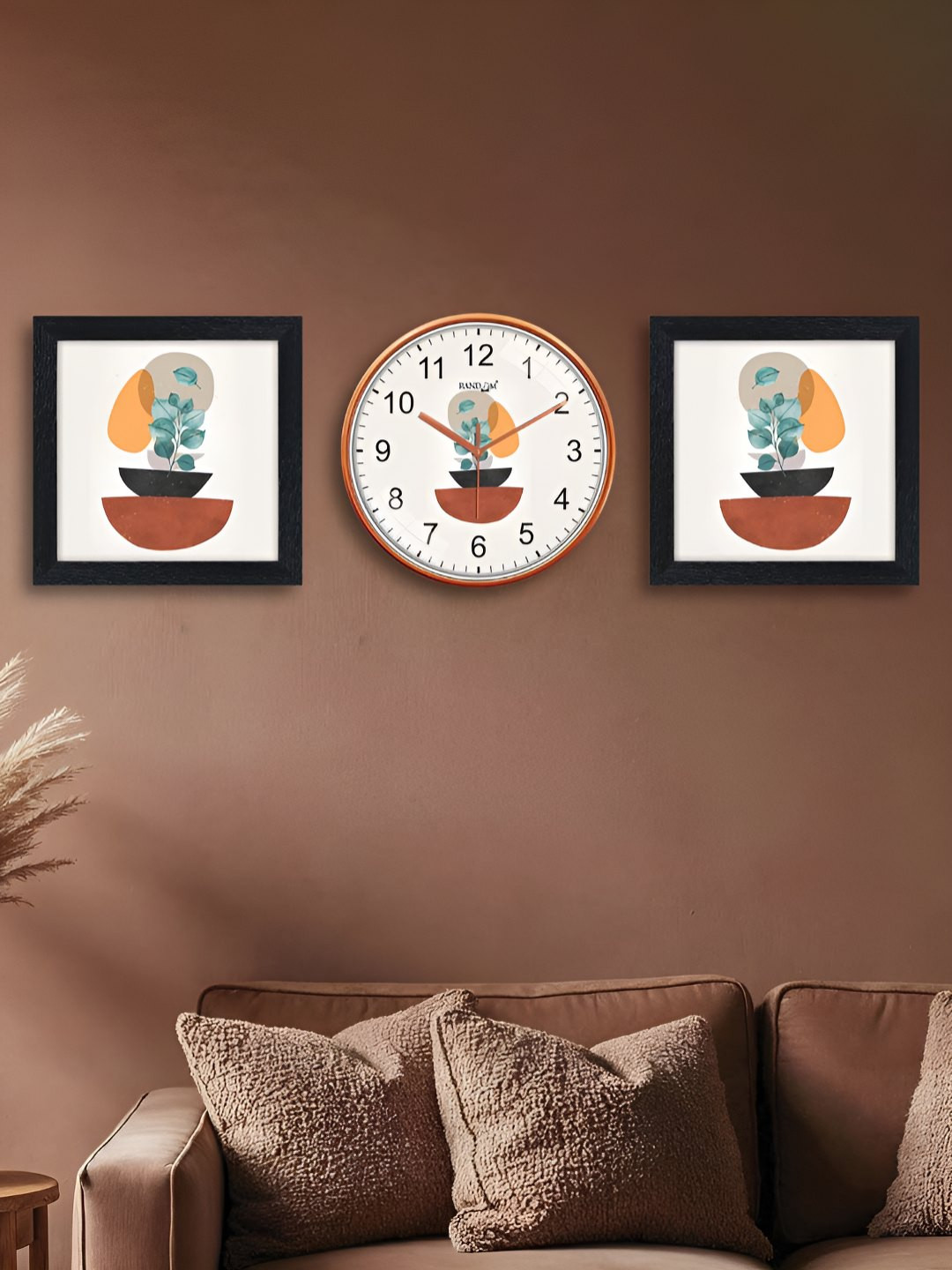 RANDOM White & Brown 3 Pieces Printed Contemporary Wall Clock & Wall Art