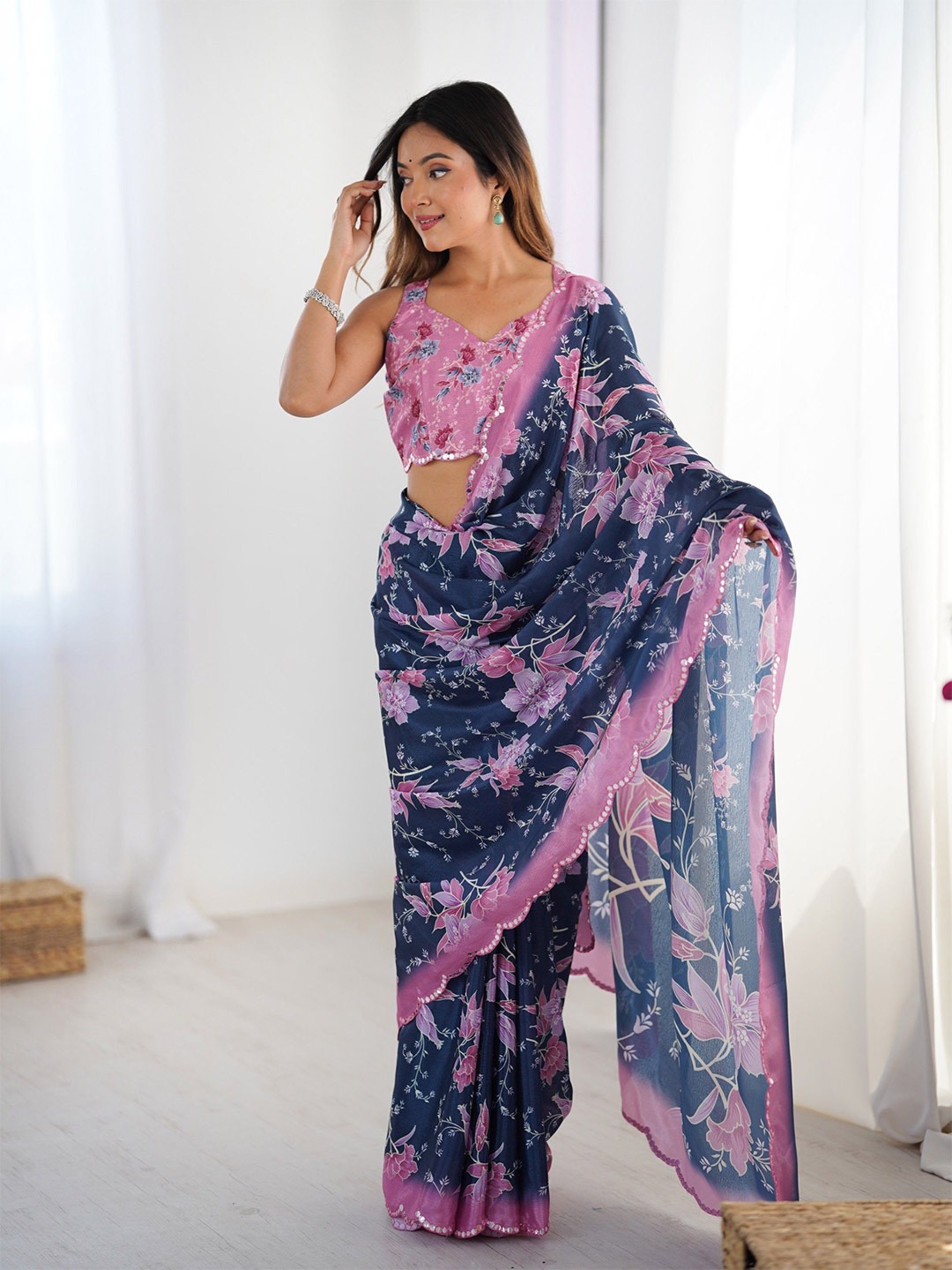 KALINI Floral Printed Scallop Mirror Work Saree