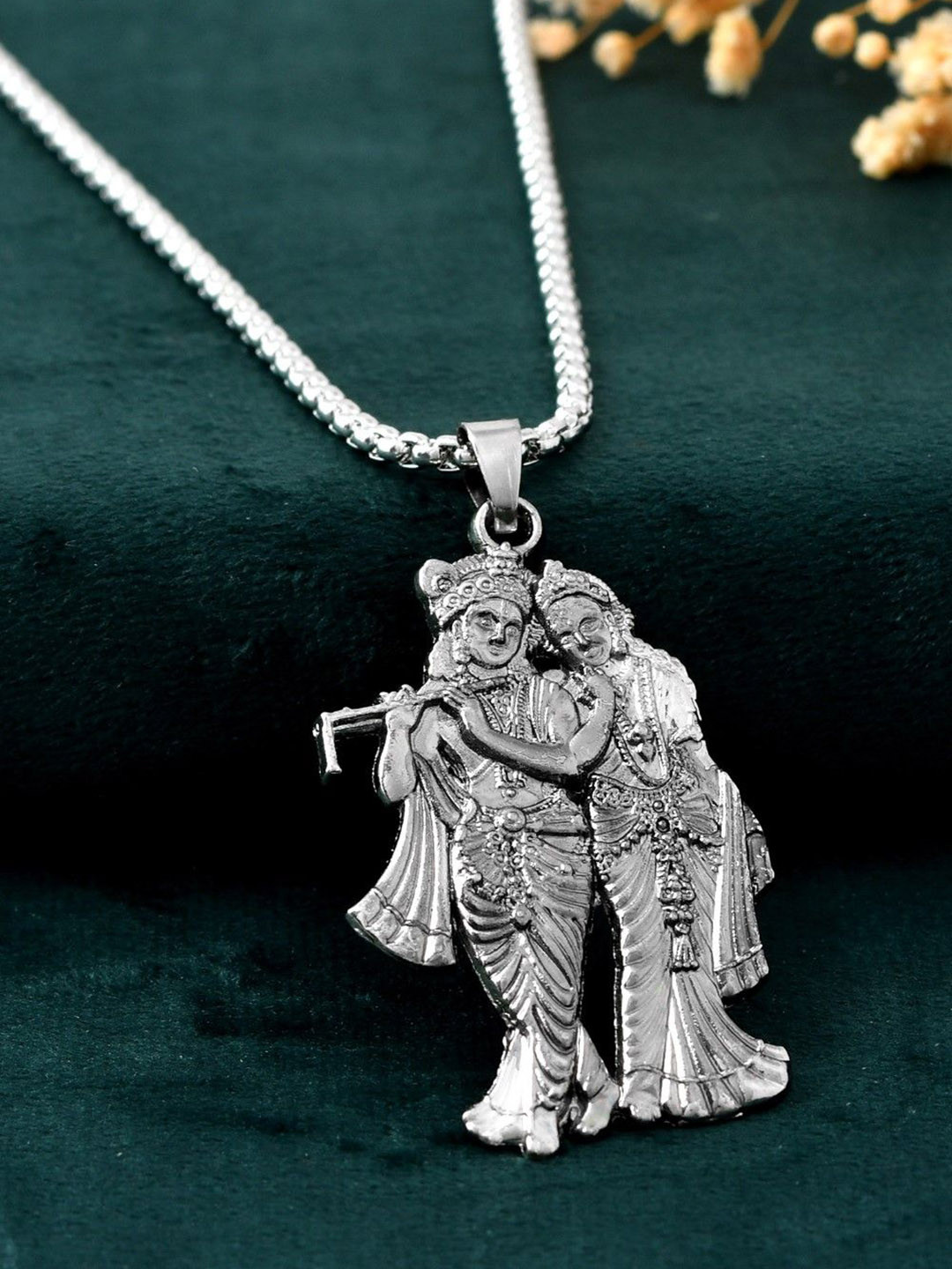AGARWALPRODUCT Unisex Stainless Steel Silver-Plated Radhe Krishna Pendant With Chain