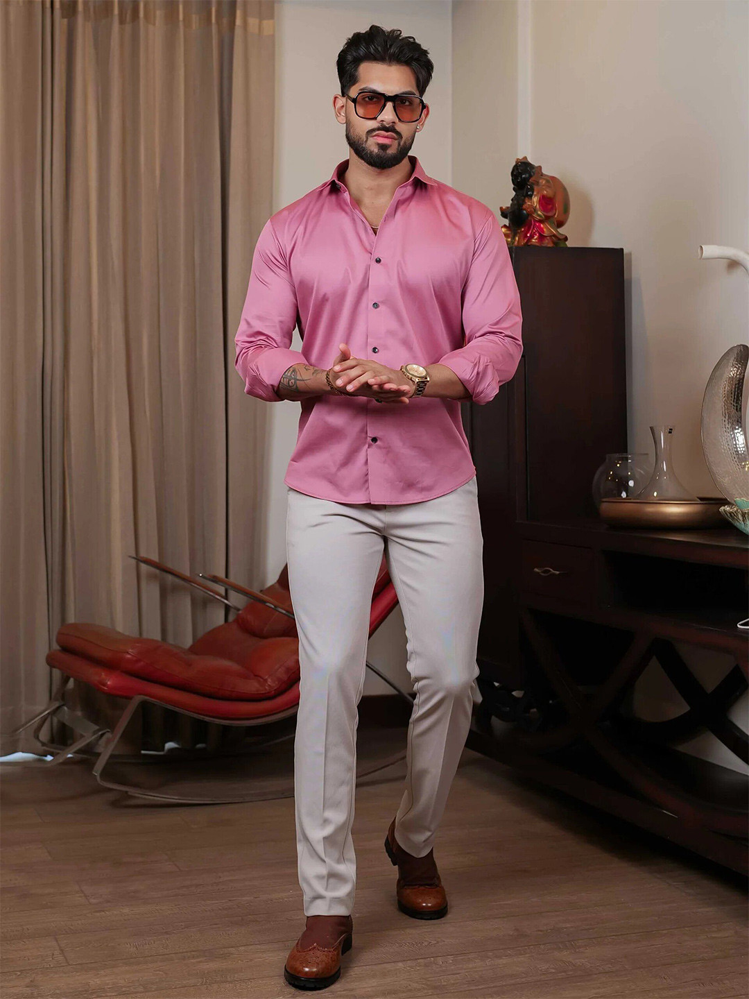 Foomer Spread Collar Standard Satin Long Sleeves Regular Fit Casual Shirt