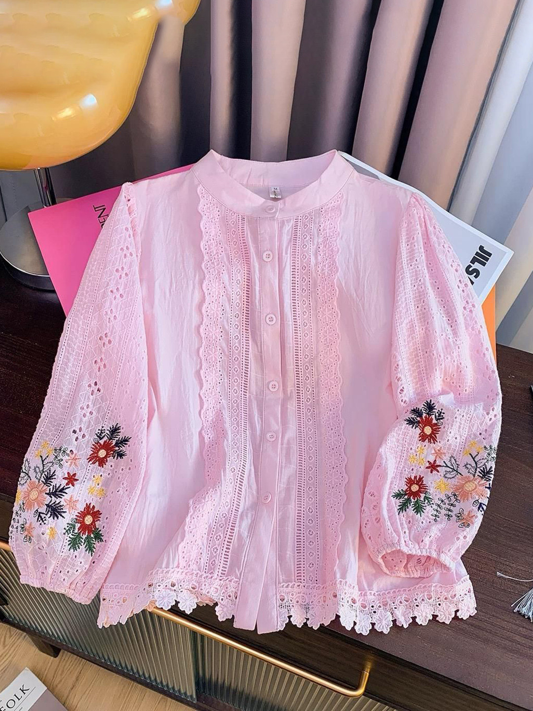 Miss Mosa By Akanksha  Women Embroidered Mandarin Collar Cotton Nera Statement Summer Top