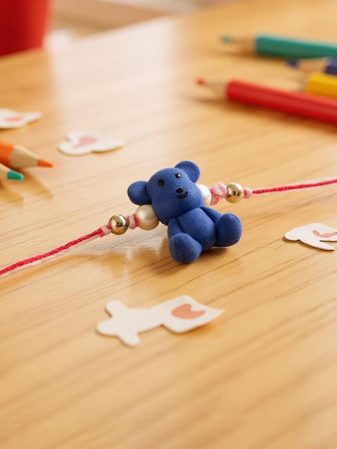 LUCKY JEWELLERY Set Of 2 Teddy Bear Rakhi With Roli Chawal & Greeting Card