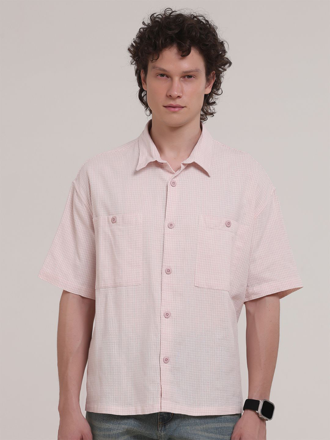 Espanshe Men Gingham Checked Spread Collar Pure Cotton Casual Shirt