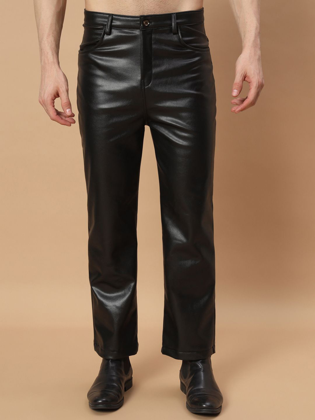 TANDUL Men Smart Straight Fit Mid-Rise Leather Regular Trousers