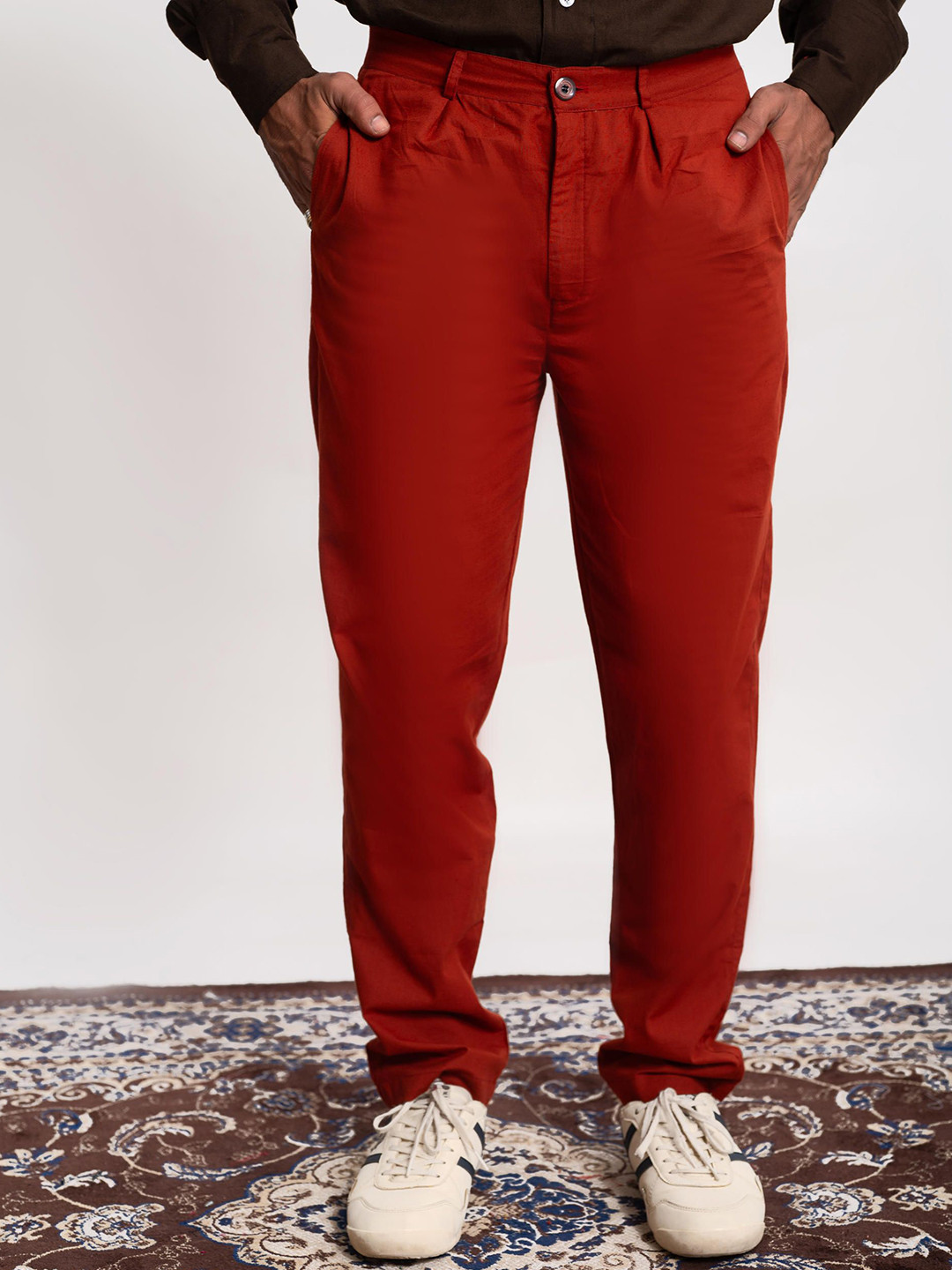 Me Craft Men Relaxed Straight Leg Mid-Rise Cotton Trousers