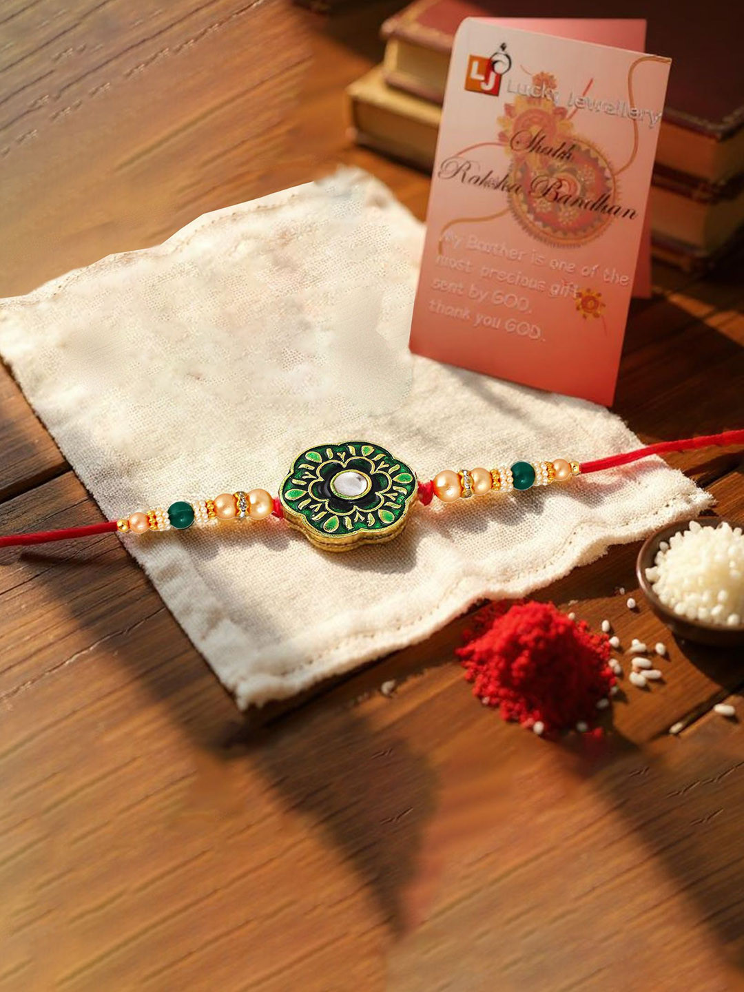 LUCKY JEWELLERY Gold-Plated Floral Design Bhaiya Bhabhi Rakhi With Greeting Card