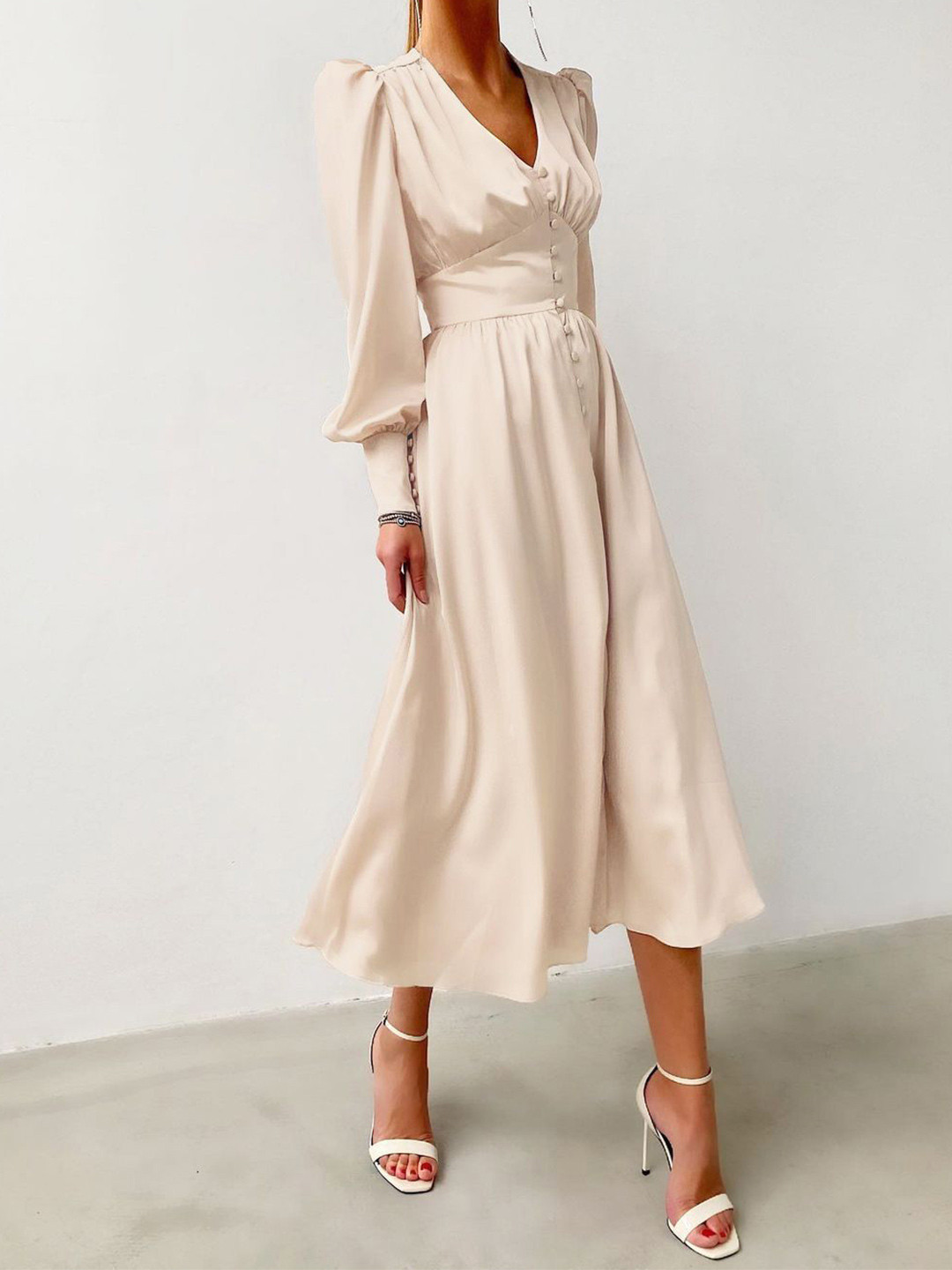 StyleCast Women Fit & Flare V-Neck Button-Front Long Sleeve Midi Dress