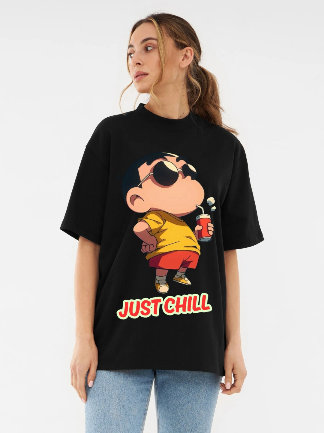 RAYACLOSET Graphic Printed Round Neck Drop Shoulder Cotton Oversized T-shirt