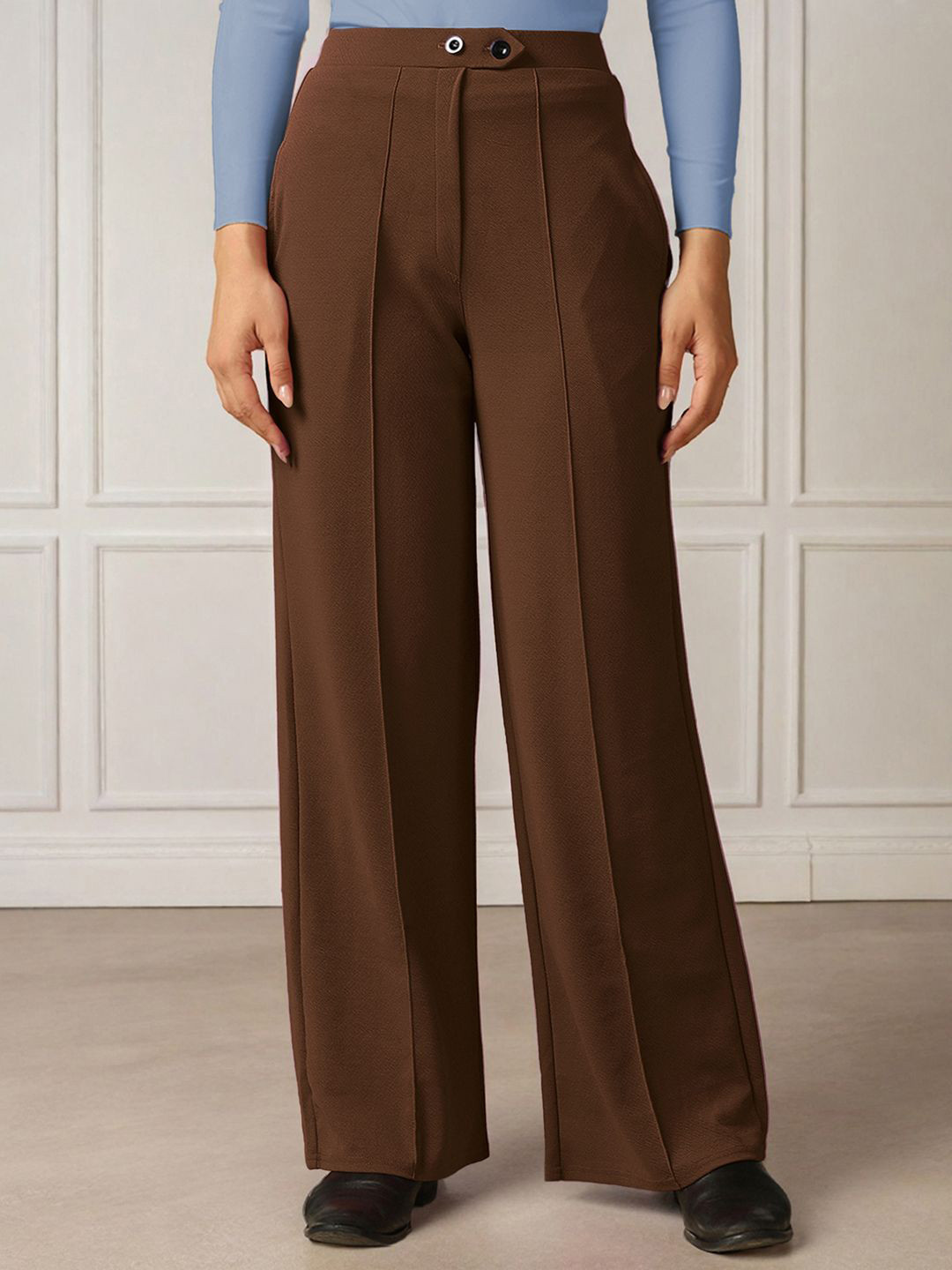 Moda Rapido Women Relaxed Straight Leg Mid-Rise Easy Wash Pleated Trousers