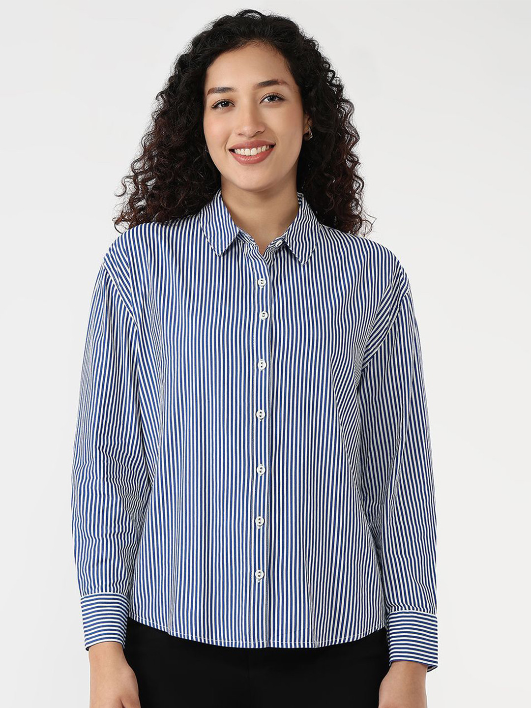 Kraus Jeans Women Oversized Fit Vertical Striped Spread Collar Casual Shirt