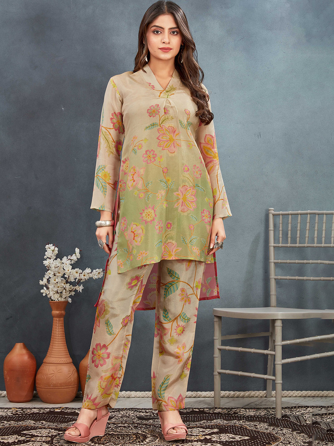 TWAM SUNDARA Spring Reverie Printed V Neck Tunic With Trousers CO-Ords