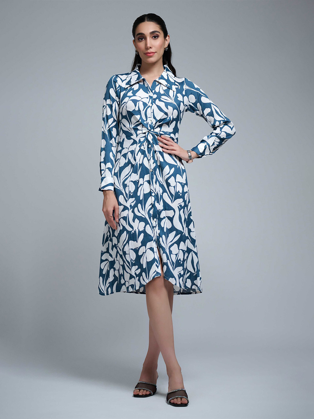 R.Code by The Roadster Life Co. Women Cuffed Sleeves Shirt Dress With Twisted Details