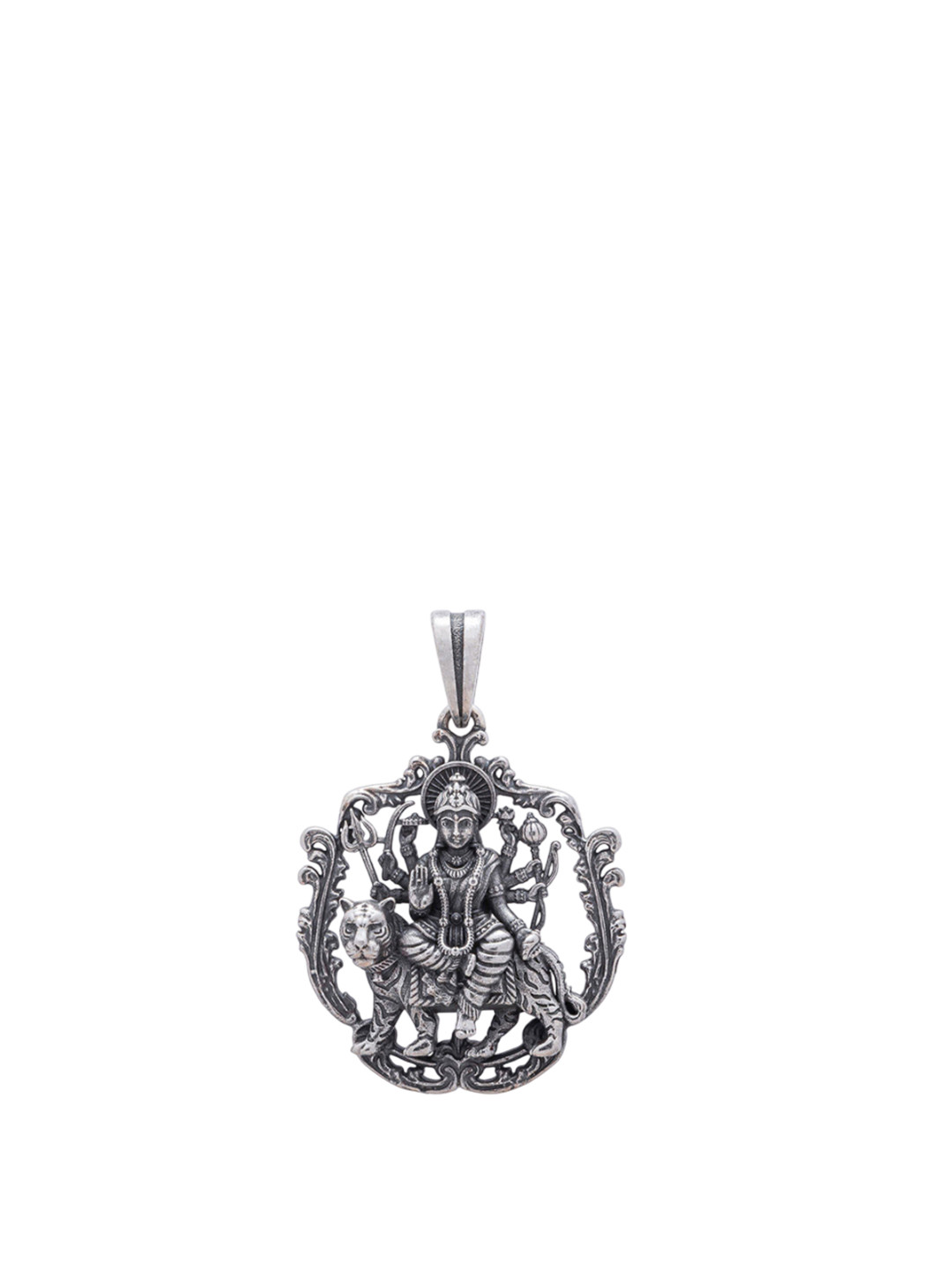 Exotic India Unisex 925 Sterling Silver Ambe Maa (Goddess Durga) Antique Finish Pendant