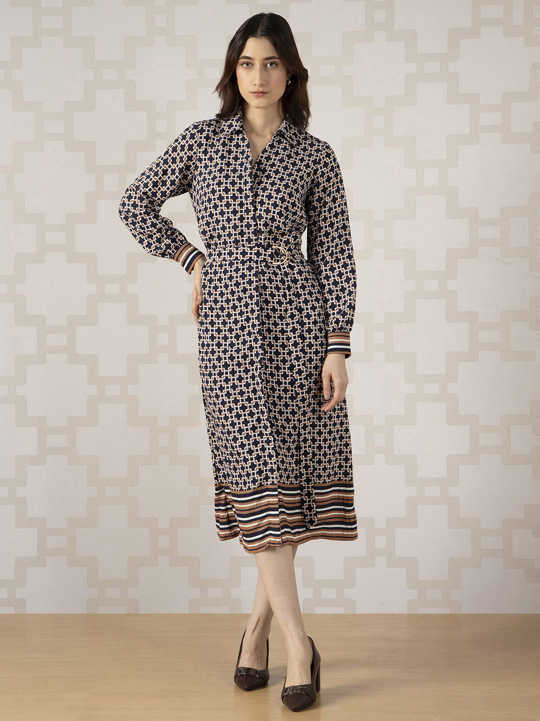 Van Heusen Woman Navy Printed Formal Shirt Midi Dress