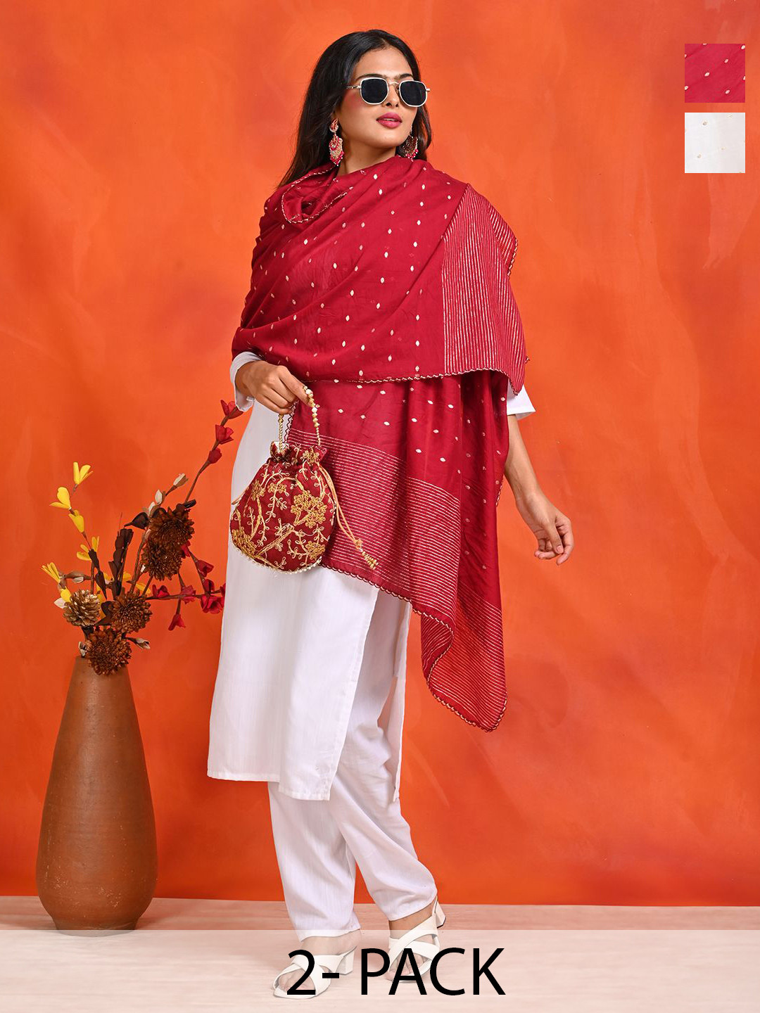 HELLA FASHIONS Selection Of 2 Polka Dots Woven Design Zari Chanderi Dupattas