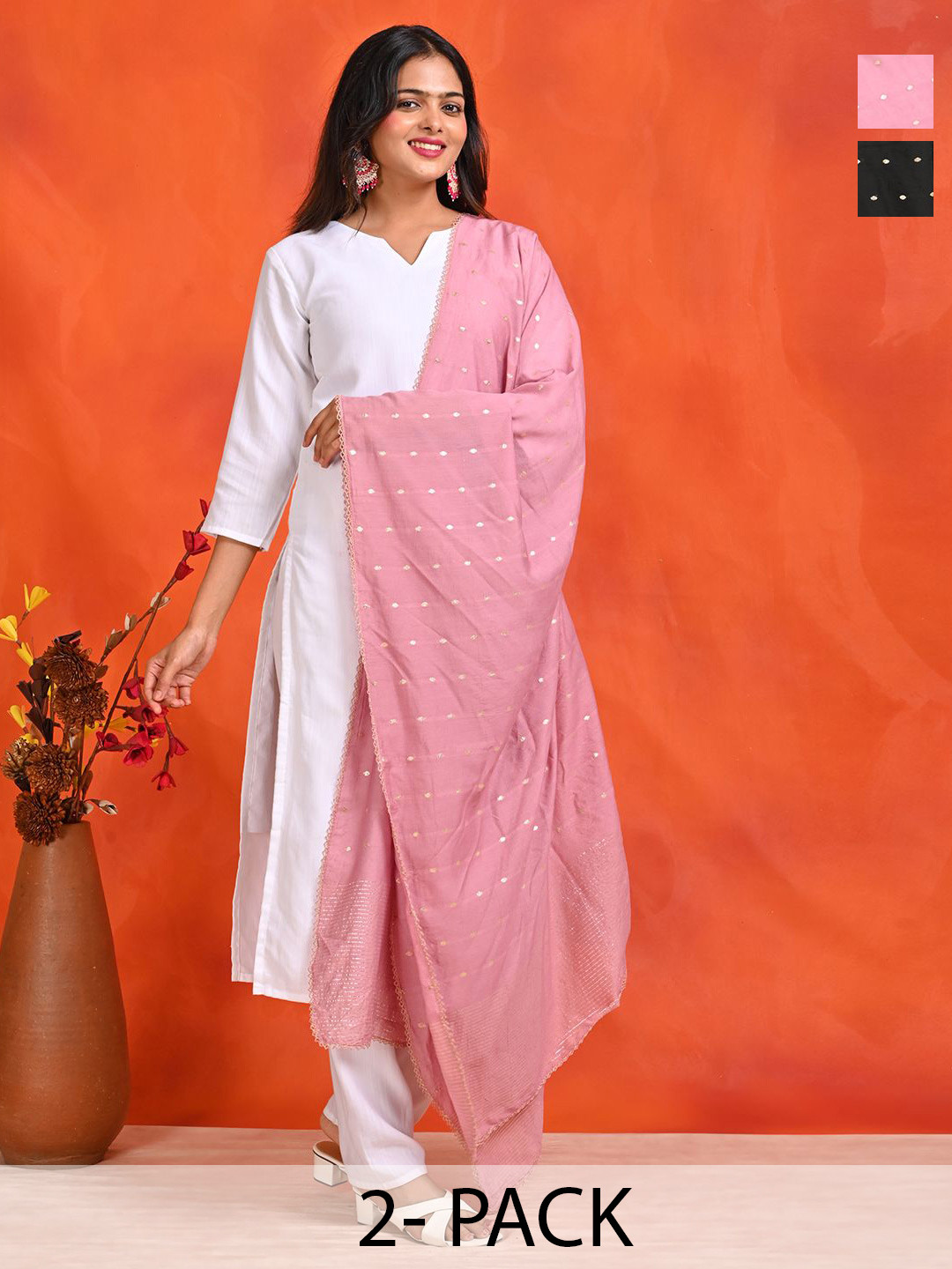 HELLA FASHIONS Selection Of 2 Polka Dots Woven Design Zari Chanderi Dupattas