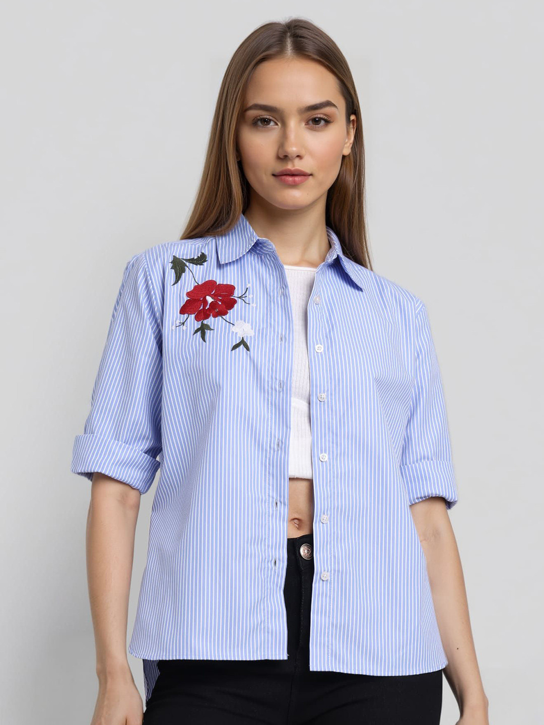 Style Quotient Smart Vertical Striped floral embroidery Spread Collar Casual Shirt