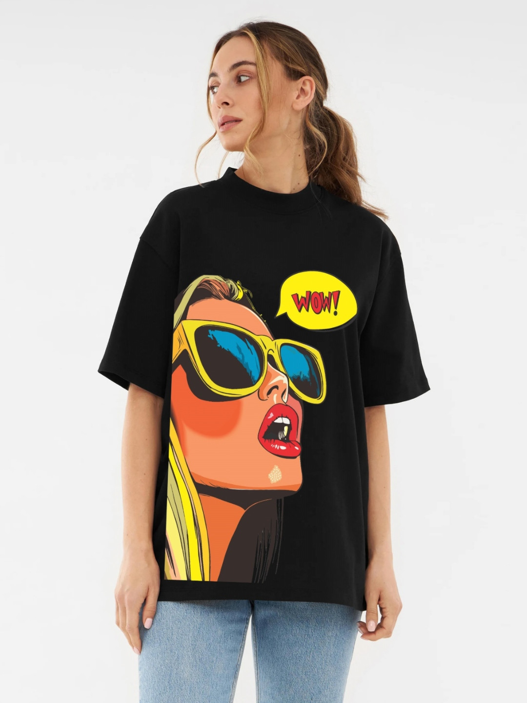 RAYACLOSET Graphic Printed Round Neck Drop Shoulder Cotton Oversized T-shirt