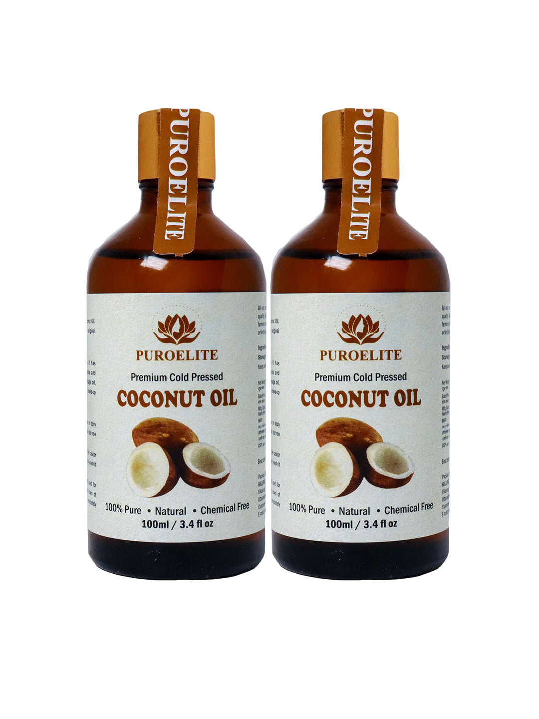 Puroelite Set Of 2 Cold Pressed Coconut Oil With Dropper For Face, Hair & Body 100 ml Each
