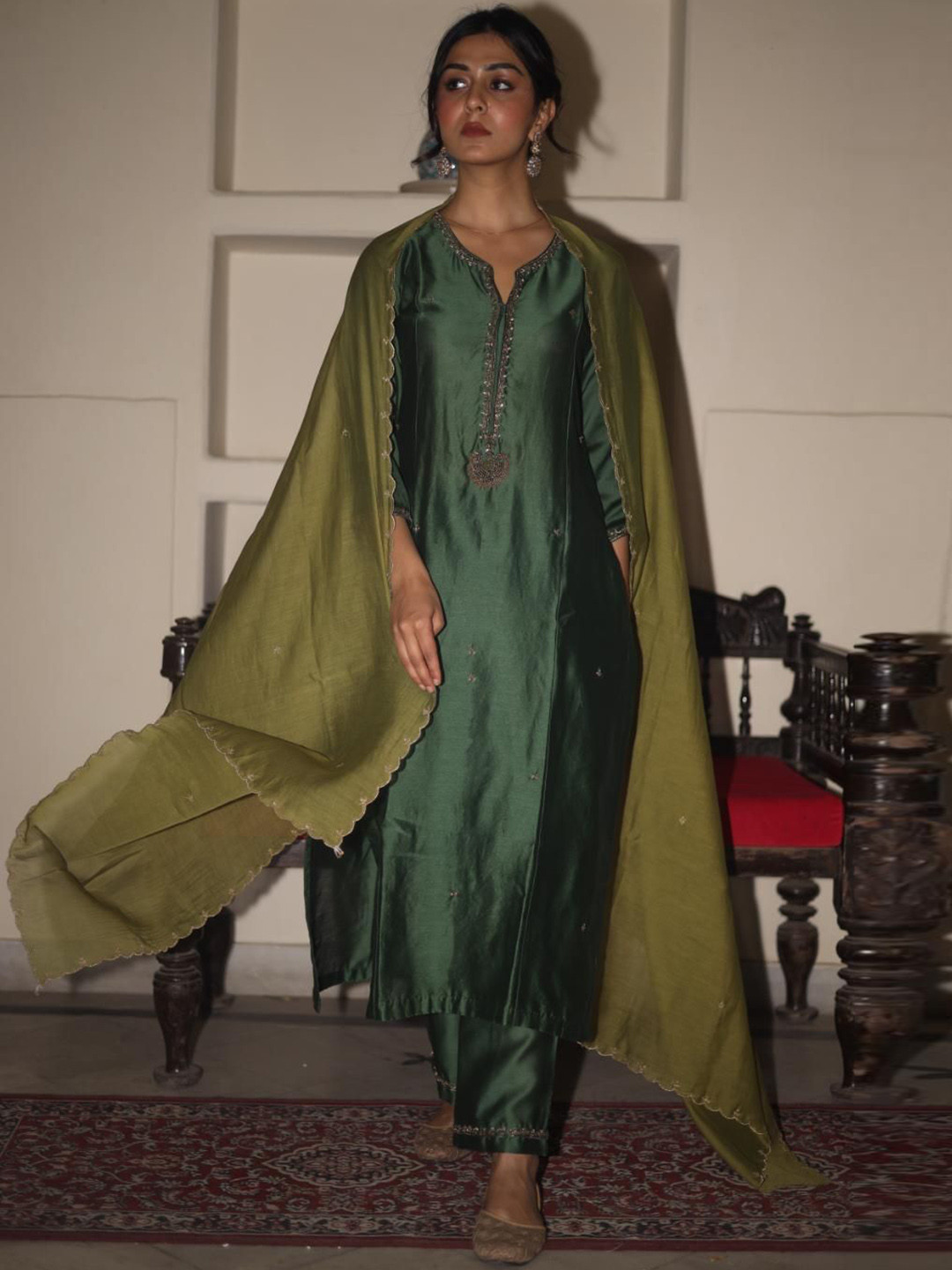 TATWA DESIGNS Embroidered Notch Neck Sequinned Chanderi Silk Kurta With Trouser & Dupatta