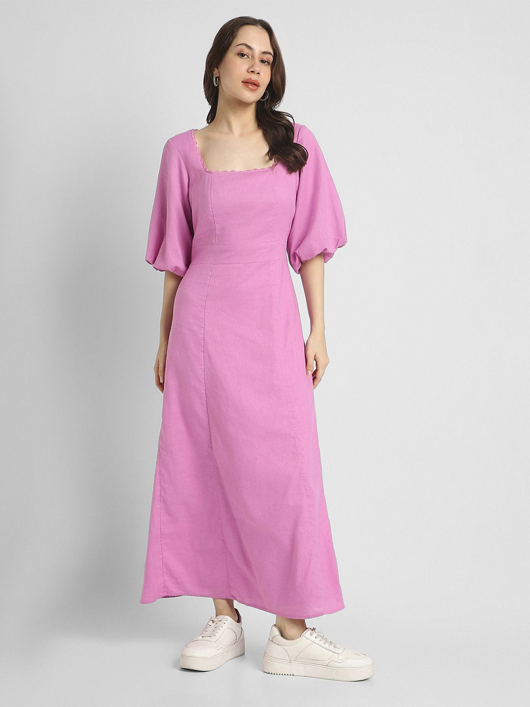 AMERICAN EAGLE OUTFITTERS Women Tie Back Puff Sleeve Fit and Flare Maxi Dress