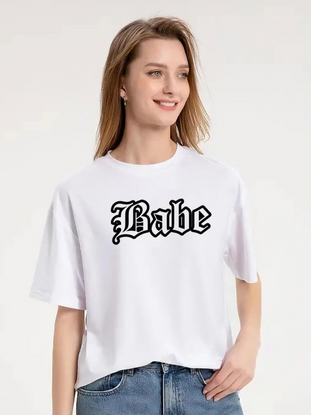 Babe Typography Printed Round Neck Relaxed Fit Cotton T-Shirt