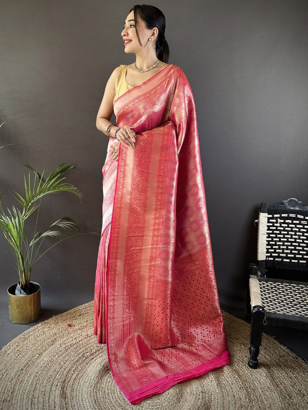 KALINI Woven Design Zari Dharmavaram Saree With Unstitched Blouse Piece