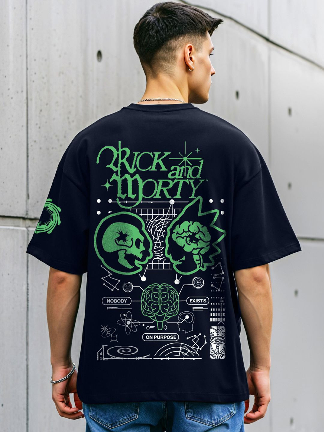 Bewakoof Rick and Morty Printed Drop-Shoulder Sleeves Pure Cotton Oversized T-shirt