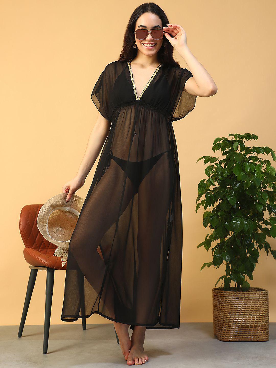 Oxolloxo V-Neck Short Sleeve Lace Detail Maxi Beachwear Dress