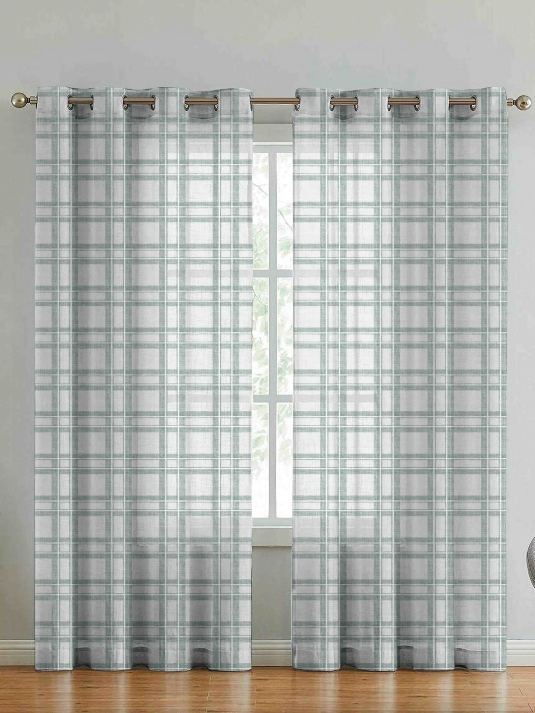 Aura Green & White 2 Pieces Checked Linen Door Curtains