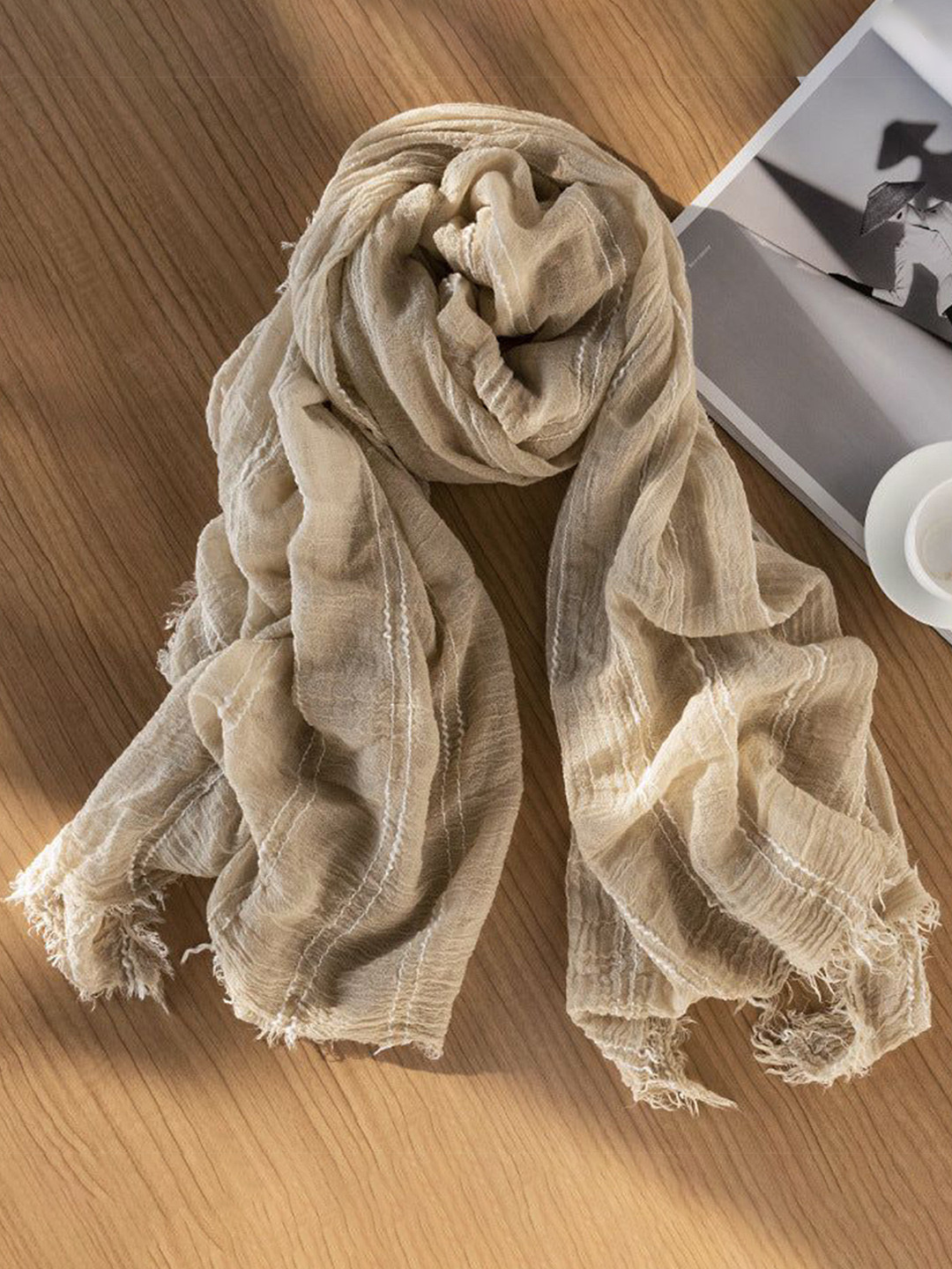 QUECY Women Striped Silk Fringed Border Stole