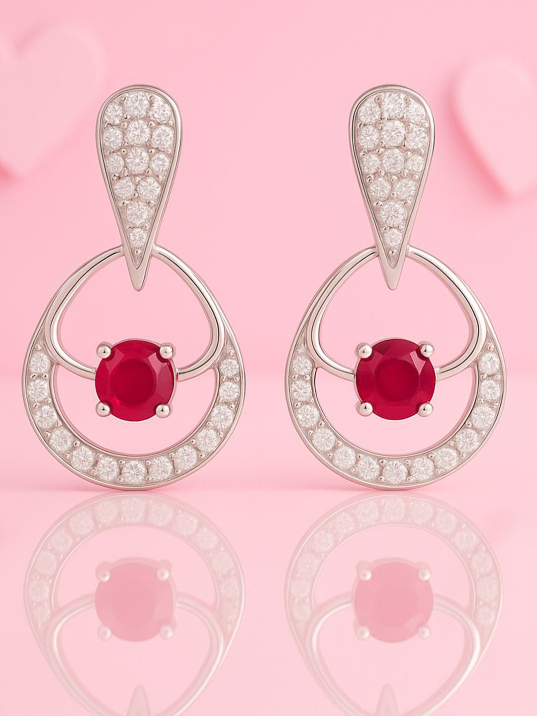 Zisthi 925 Sterling Silver Ruby and Zircon Studded Circle Drop Earrings